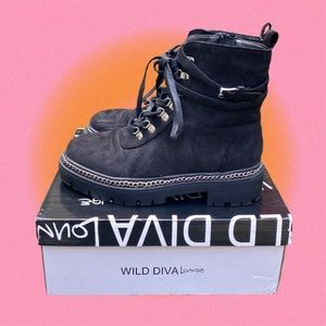 black lace up suede combat boots with silver chain